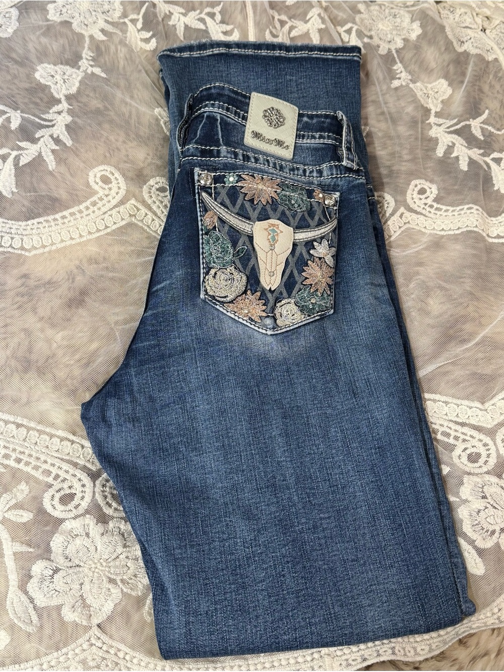 Miss Me Dark Blue Slim Straight Jeans with Embroidered Western Pocket